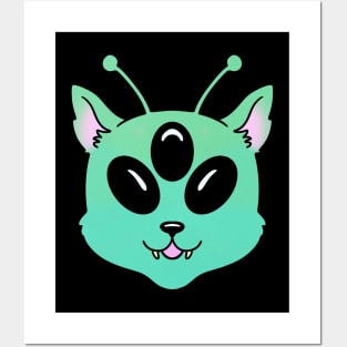 Alien Cat Green Cute Kawaii Animal Posters and Art